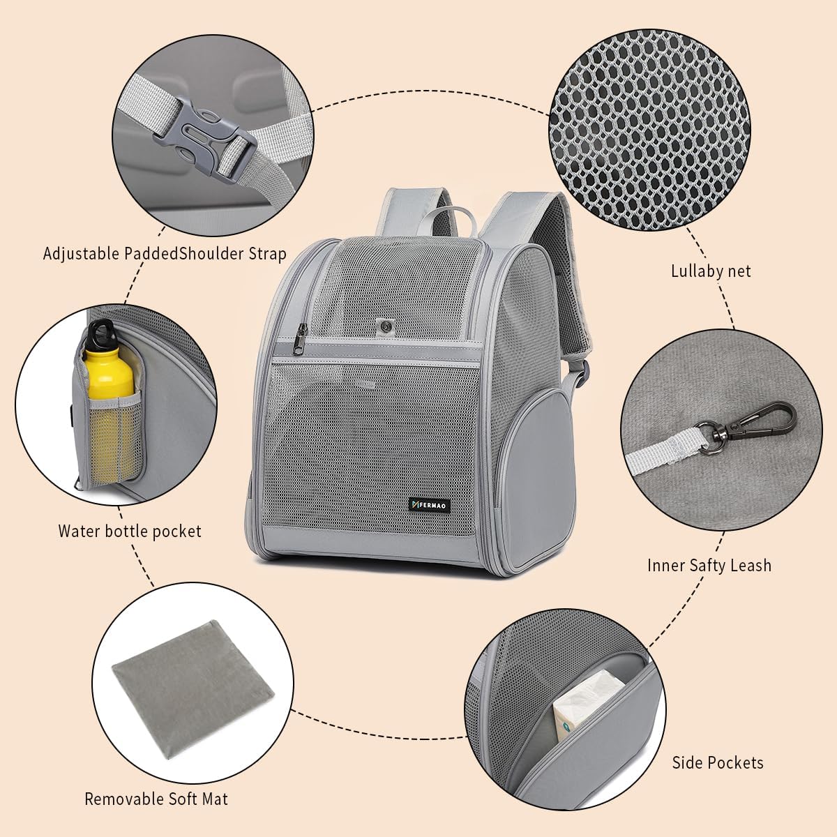 Cat Backpack Carrier for Small Dogs and Medium cat Puppy Kitten Bunny Pet Carrier Backpack Collapsible with Fully Ventilated Mesh with Safety Leash (Gray, 12.9" L x 10.62" W x 15.5" H - M)