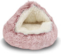 ShinHye Cozy Cat Bed - Round Plush Fluffy Hooded Cave, Indoor/Outdoor, Waterproof & Washable, Calming Anti-Anxiety Design - 23x23inch, Pink