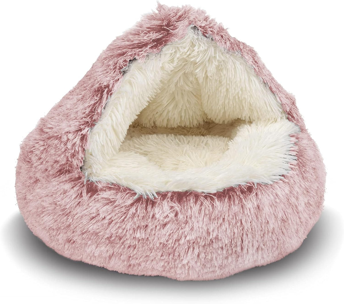 ShinHye Cozy Cat Bed - Round Plush Fluffy Hooded Cave, Indoor/Outdoor, Waterproof & Washable, Calming Anti-Anxiety Design - 23x23inch, Pink