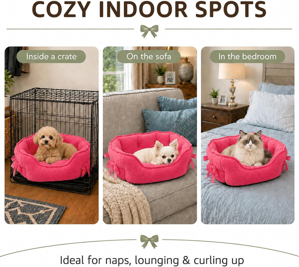 Pink Dog Bed for Small Breeds Breathable Princess Bowknot Puppy Cat Cushion