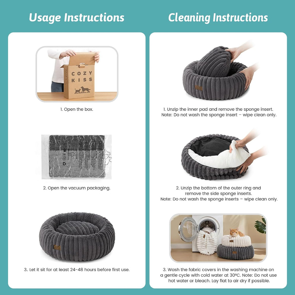 COZY KISS Calming Large Cat Bed, Donut Medium Dog Bed, 26in Grey