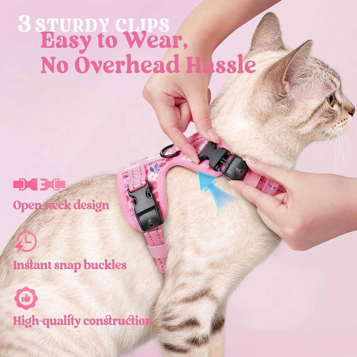 rabbitgoo Cat Harness and Leash Set, Easy-on with Neck Buckle, Berry Bloom