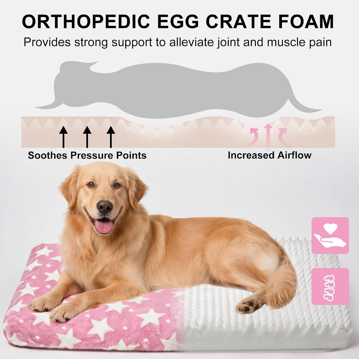 Orthopedic Dog Bed for Large Dogs, Washable Dog Mat with Removable Zippered Cover, Non-Slip Bottom, Comfort Crate Bed (Big&Little Stars Pink, L(35"*23"*3.1"))