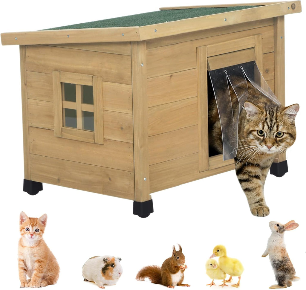 Agitree Outdoor Wooden Pet House, Weatherproof Winter Shelter for рuррy and Small Cats, Elevated Design with Window (Yellow, 22.56 * 17.71 * 16.73Inches)