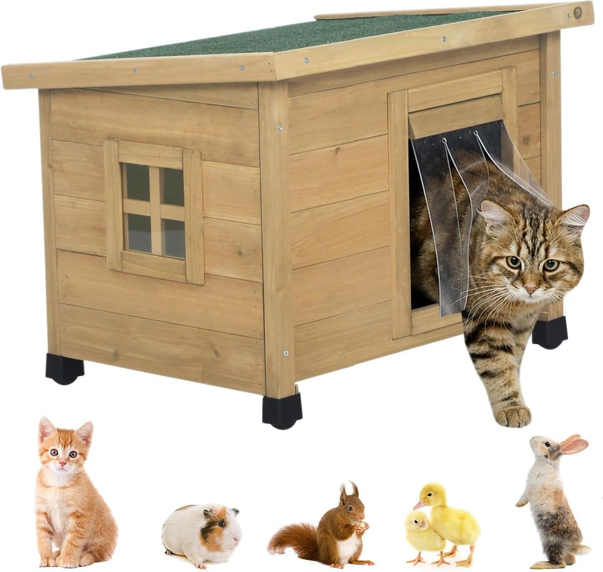 Agitree Outdoor Wooden Pet House, Weatherproof Winter Shelter for рuррy and Small Cats, Elevated Design with Window (Yellow, 22.56 * 17.71 * 16.73Inches)