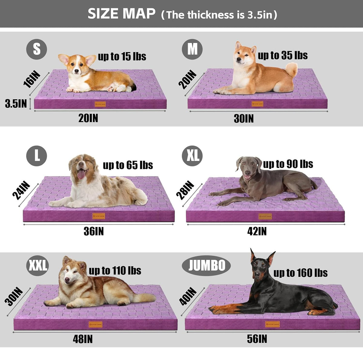 Patas Lague Orthopedic Large Dog Bed Pet Crate Mat 42''X28'' Purple
