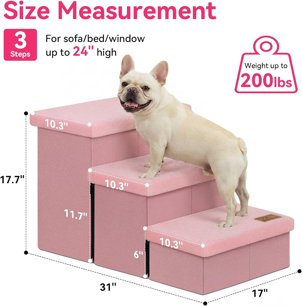 Zerbuger Dog Stairs with Storage, Pink Furry Lids 3 Steps Dog Ramp no Condo