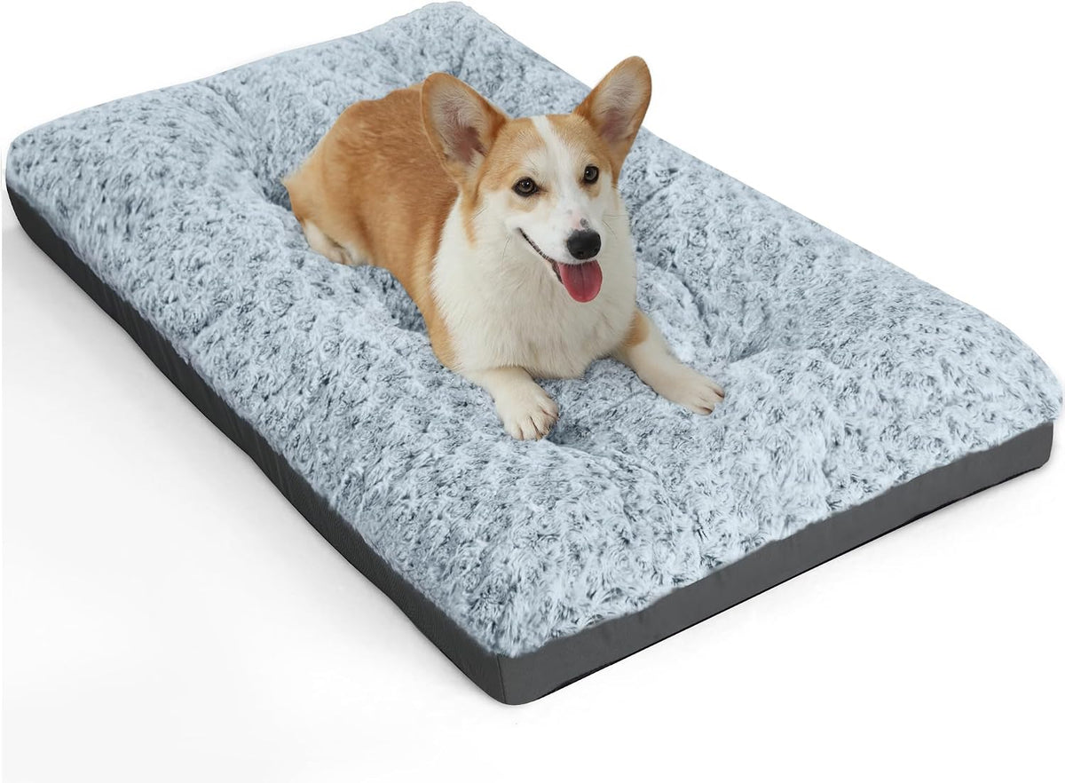 POCBLUE Deluxe Washable Dog Bed for Medium/Large Dogs Dog Crate Mat 29 Inch Comfy Fluffy Kennel Pad Anti-Slip for Dogs Up to 40 lbs, 29"x19", Grey