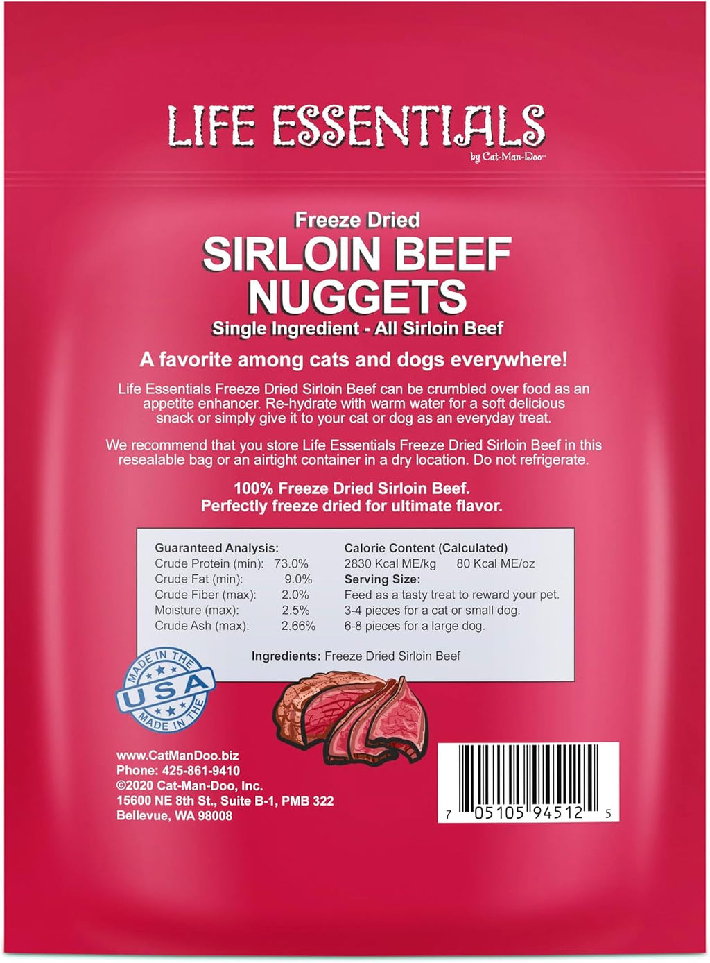 Life Essentials by Cat-Man-Doo | Freeze Dried Sirloin Beef Nuggets | 6oz