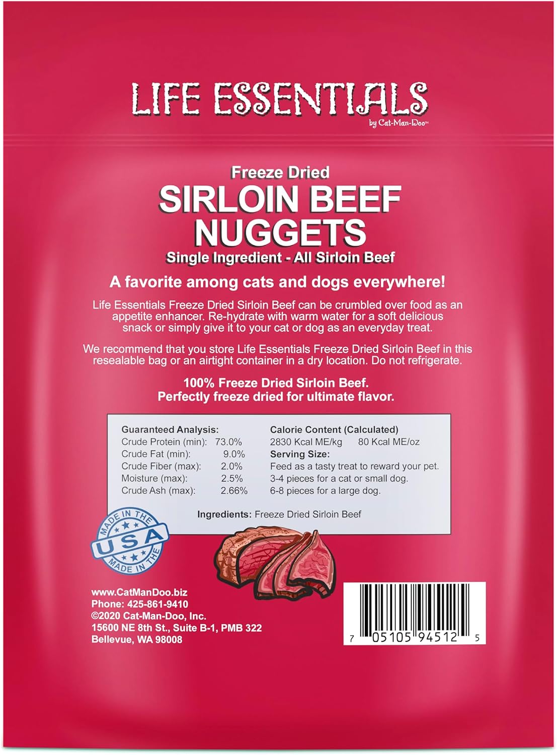 Life Essentials by Cat-Man-Doo | Freeze Dried Sirloin Beef Nuggets | 6oz