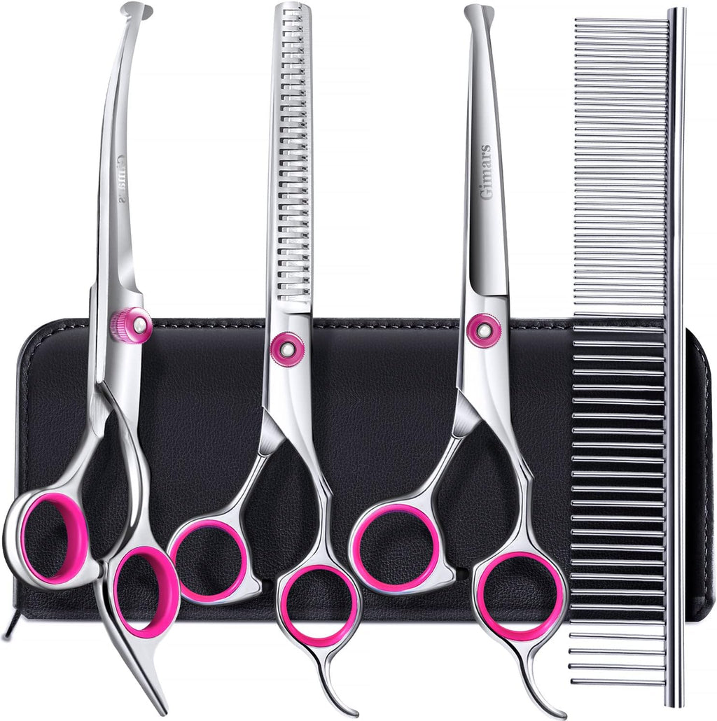 Gimars Dog Grooming Scissors Kit Professional 4CR with Safety Round Tip, 5 in 1 Heavy Duty Titanium Coated Thinning & Curved & Straight Shears
