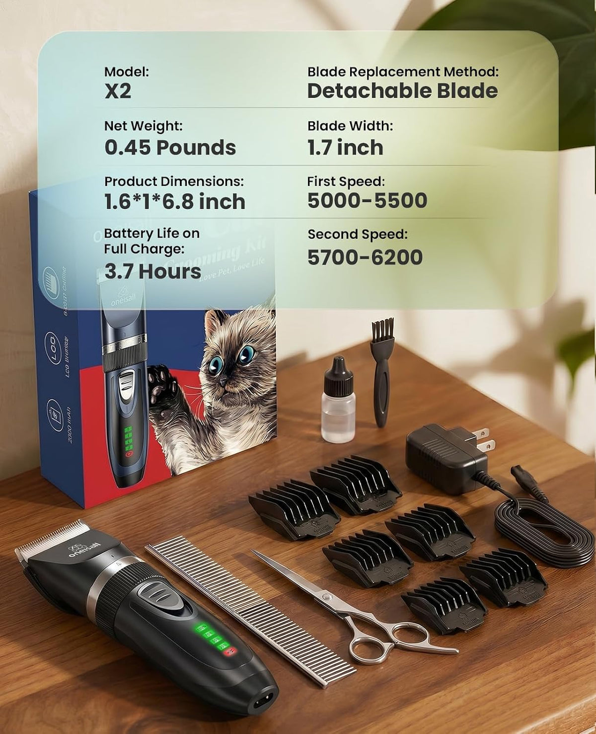 oneisall Quiet Cat Clippers for Matted & Long Hair 2-Speed Cat Grooming Kit