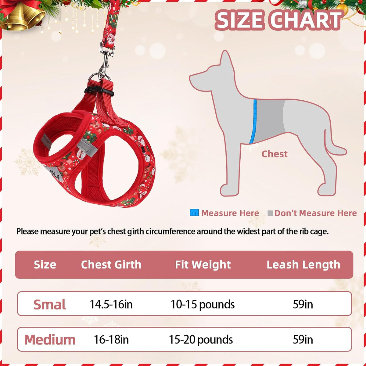 PAWCHIE Christmas Dog Harness and Leash Set, Step in No Pull Soft Pet Harness, Reflective Adjustable Puppy Vest for Medium Dogs,No Choke Harness Vest with Poop Bag Holder for Walking,Running, Red S
