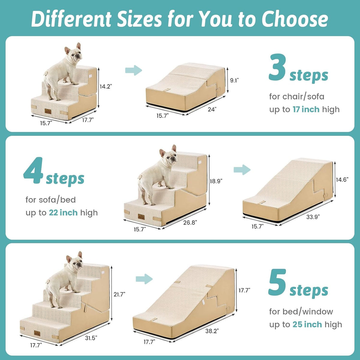 COZY KISS Dog Stairs for Small Dog, 14.2" H, 3 Step for Couch, Beige