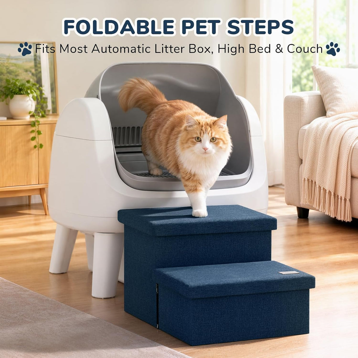 2-Step Wide Dog Stairs with Storage 11" H, Non-Slip Sturdy Pet Steps for Couch Chair, Dog Steps for Small/Medium Old Dogs, Cats, Rabbits Up to 150lbs, Foldable Cat Puppy Stairs for Car, Navy
