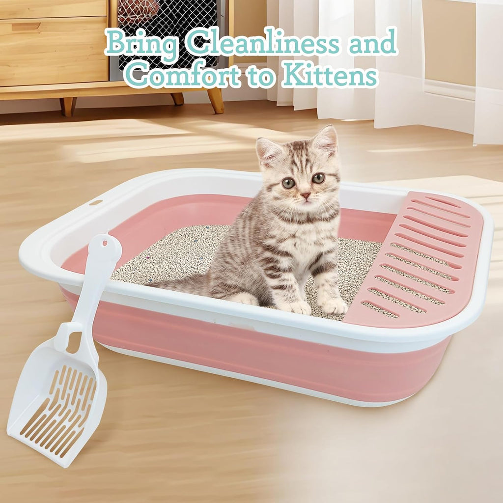 Fhiny Kitten Litter Box Portable Shallow Litter Box 17.7"x13.4"x4.9" Foldable Cat Toilet with Scoop Open Kitty Potty Pan with Litter Drop Pedal Easy to Clean Travel Kitten Toilet(Pink)