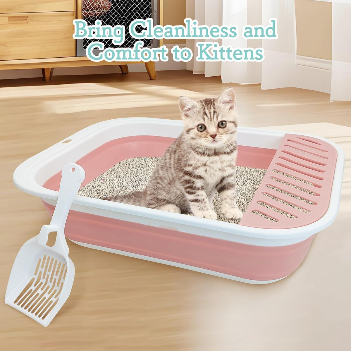Fhiny Kitten Litter Box Portable Shallow Litter Box 17.7"x13.4"x4.9" Foldable Cat Toilet with Scoop Open Kitty Potty Pan with Litter Drop Pedal Easy to Clean Travel Kitten Toilet(Pink)