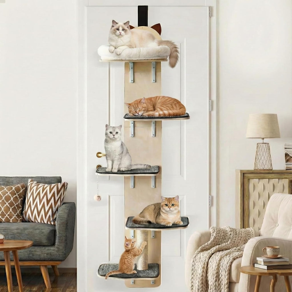 5-Levels Door Hanging Cat Climber, Vertical Door-Mounted Cat Tree Tower with Full Carpeted Plank & Cat Scratching Post for Small Medium Cats (5-Levels, Cat Head Style)
