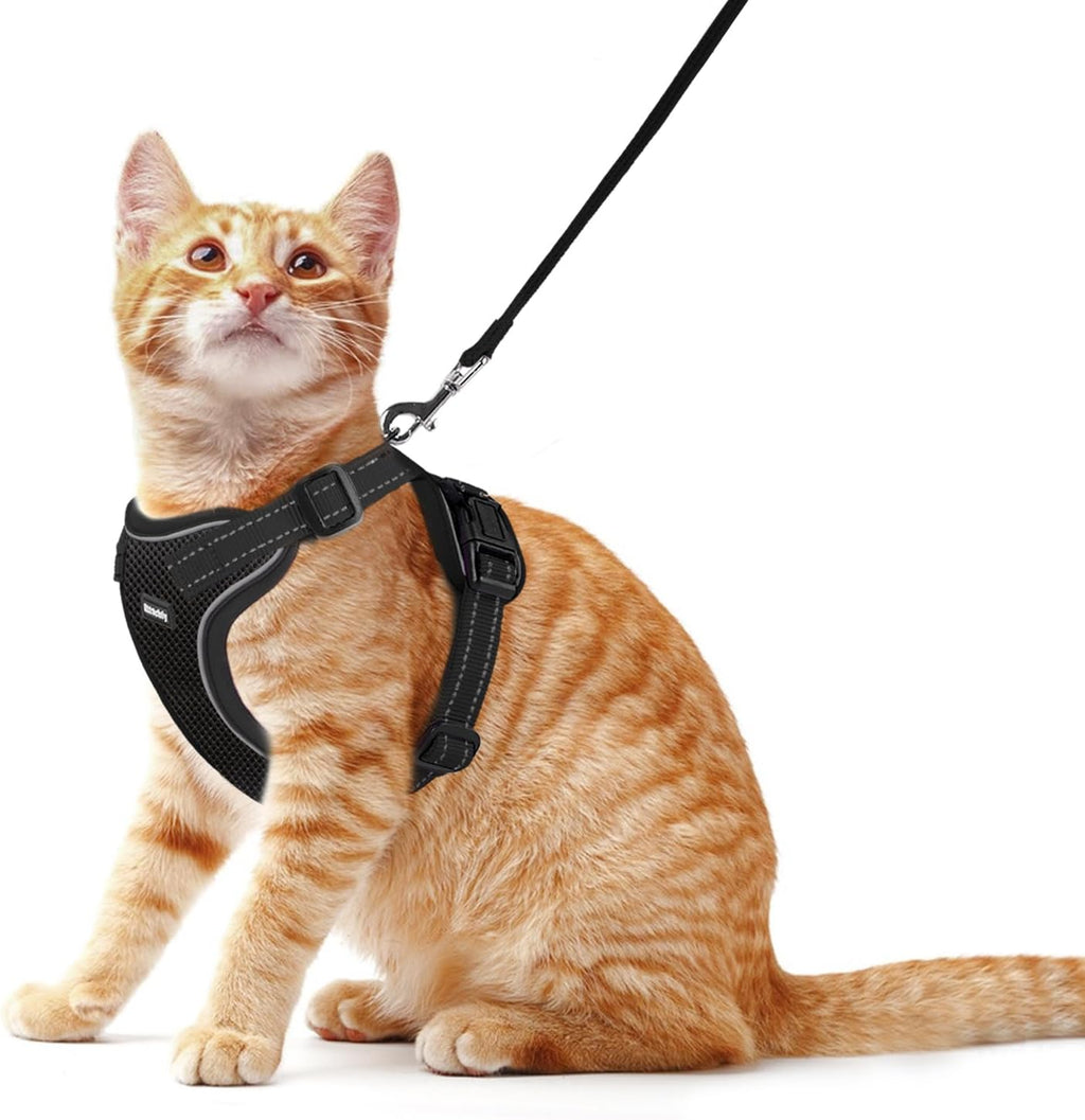 Cat Harness and Leash Set, Escape Proof Cat Harness with Reflective Strips, Breathable Mesh Vest, Adjustable Walking Harness for Indoor Outdoor Cats, Kittens, Small Medium Large Cats (Black, L)