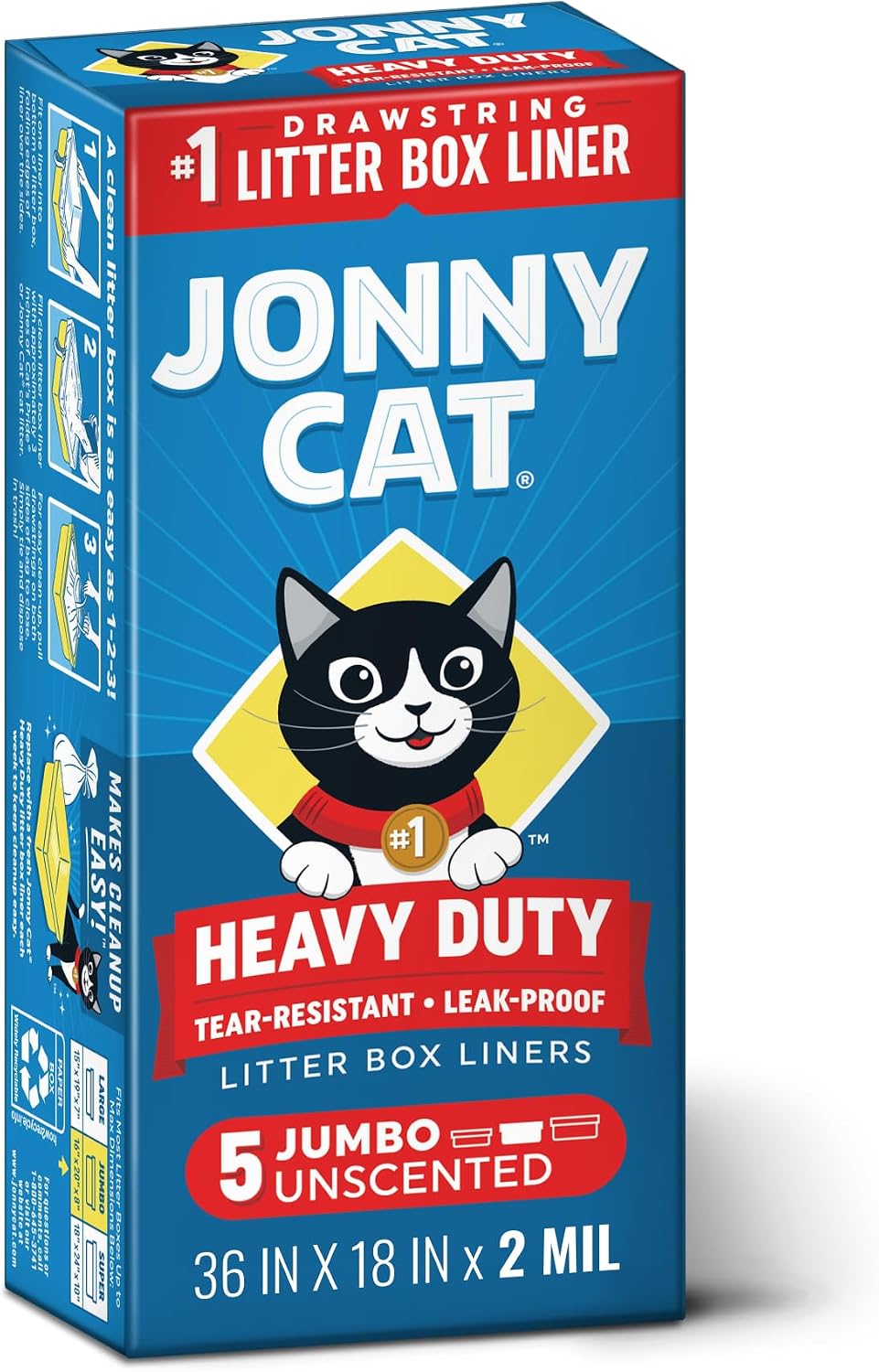 Jonny Cat Litter Box Liners: Heavy Duty - Tear & Leak Resistant - Drawstring Close - Jumbo, 5 Count