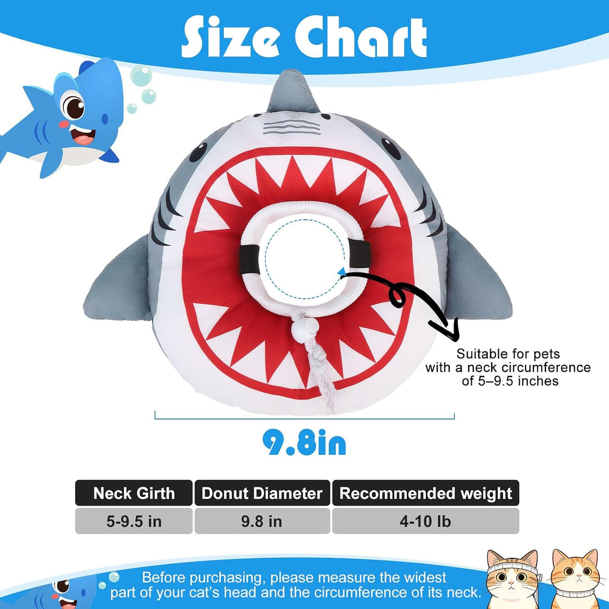 EXPAWLORER Cat Cone Collar Soft, Cat Recovery E Collar After Surgery to Stop Licking, Adjustable Waterproof Neck Elizabethan Pet Kitten Puppy Donut Pillow for Cats Wound Healing, Shark