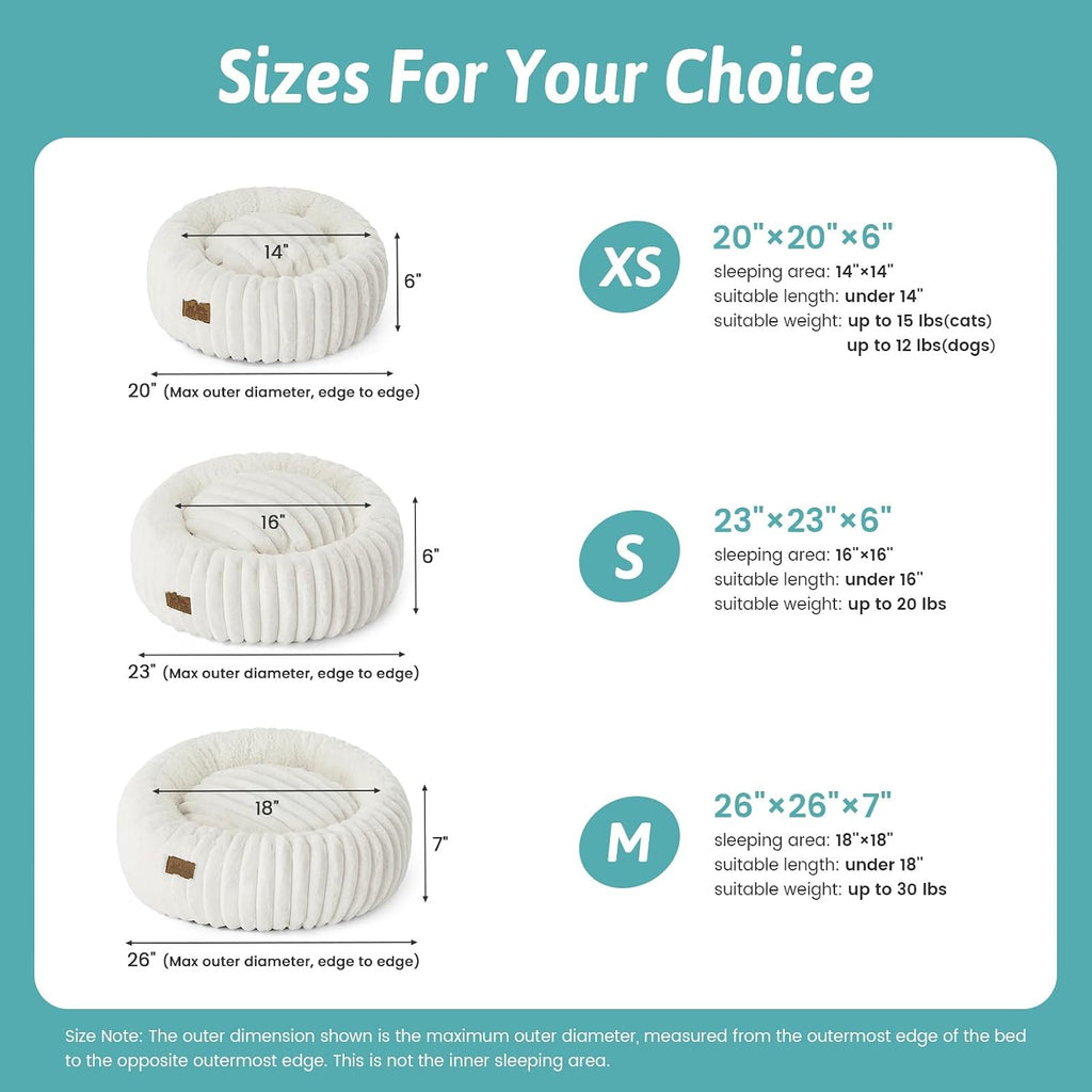 COZY KISS Calming Cat Bed, Donut Kitten Bed, Small Round Dog Bed 20in Cream