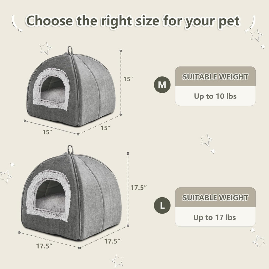 Cat Bed Cave-Cat Beds for Indoor Cats,Kittens and Small Pets,Soft and Warm Cats House Tent Bed,Foldable and Washable with Removable Cushioned and Anti Slip Bottom,Grey 15inches