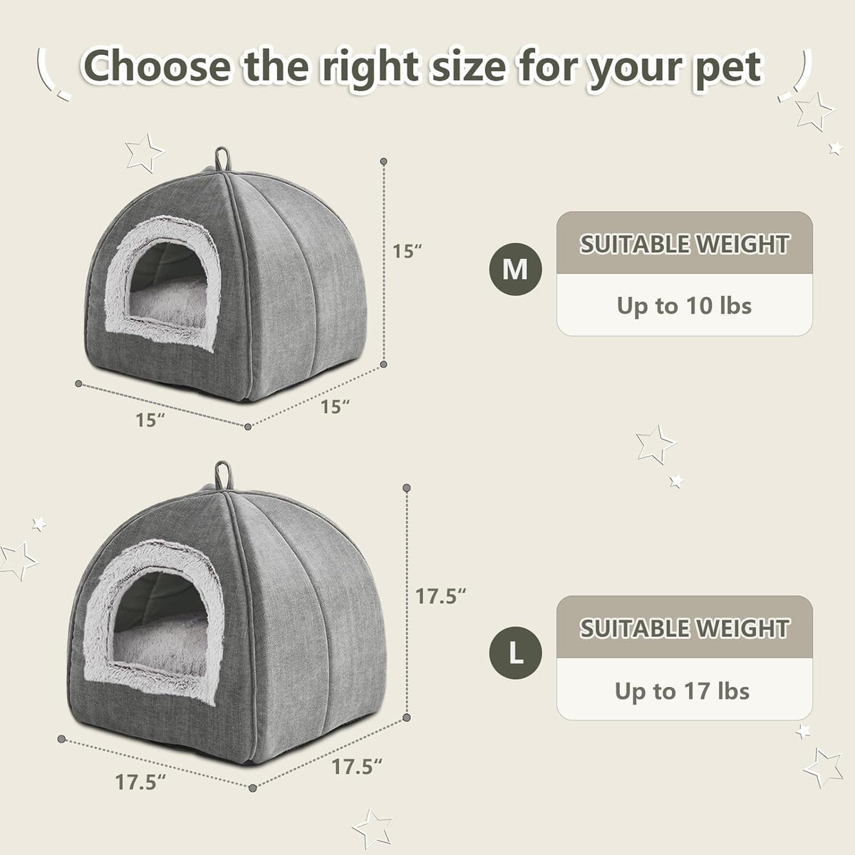 Cat Bed Cave-Cat Beds for Indoor Cats,Kittens and Small Pets,Soft and Warm Cats House Tent Bed,Foldable and Washable with Removable Cushioned and Anti Slip Bottom,Grey 15inches
