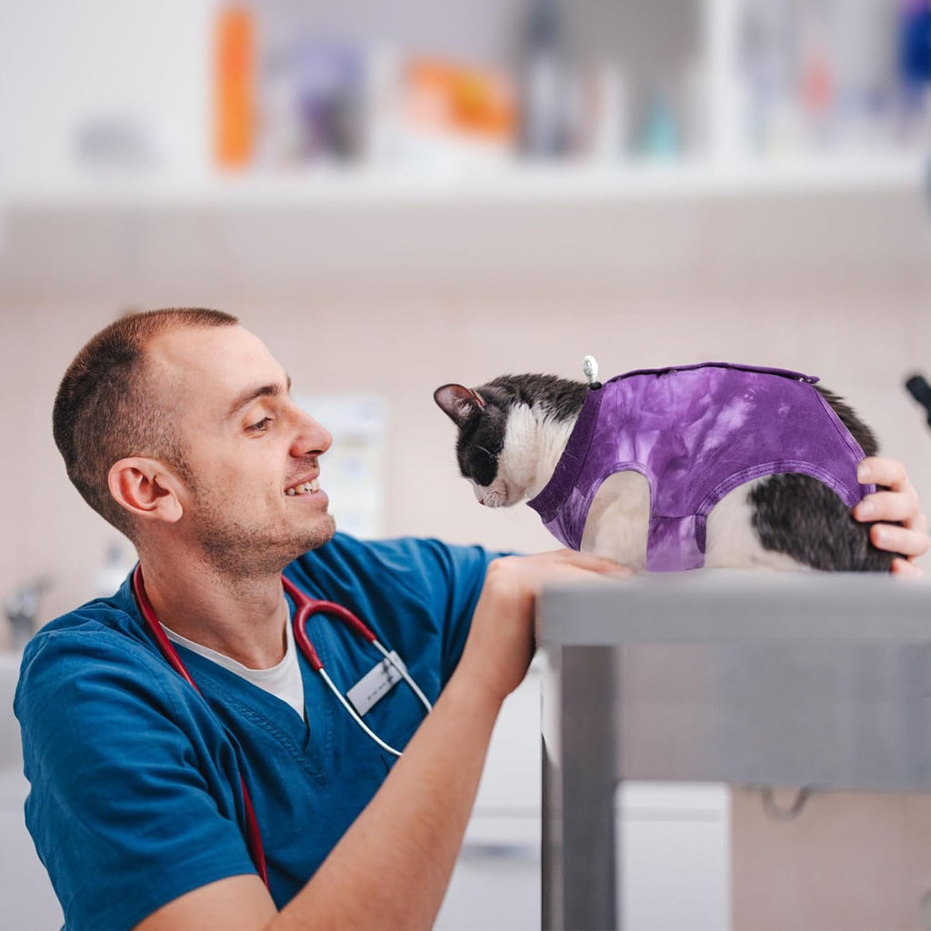 Cat Recovery Suit for Male and Female Surgical Post Surgery Soft Cone Onesie Tie Dye Cats Shirt Clothes Neuter Licking Protective Diapers Outfit Cover Kitten Spay Collar Alternative(Purple, M)
