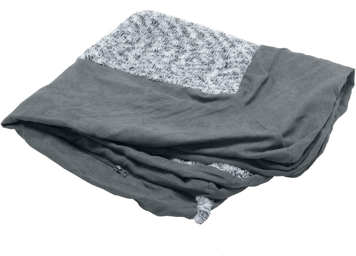 Furhaven Replacement Dog Bed Cover Two-Tone Faux Fur & Suede L Shaped Chaise, Machine Washable - Stone Gray, Medium