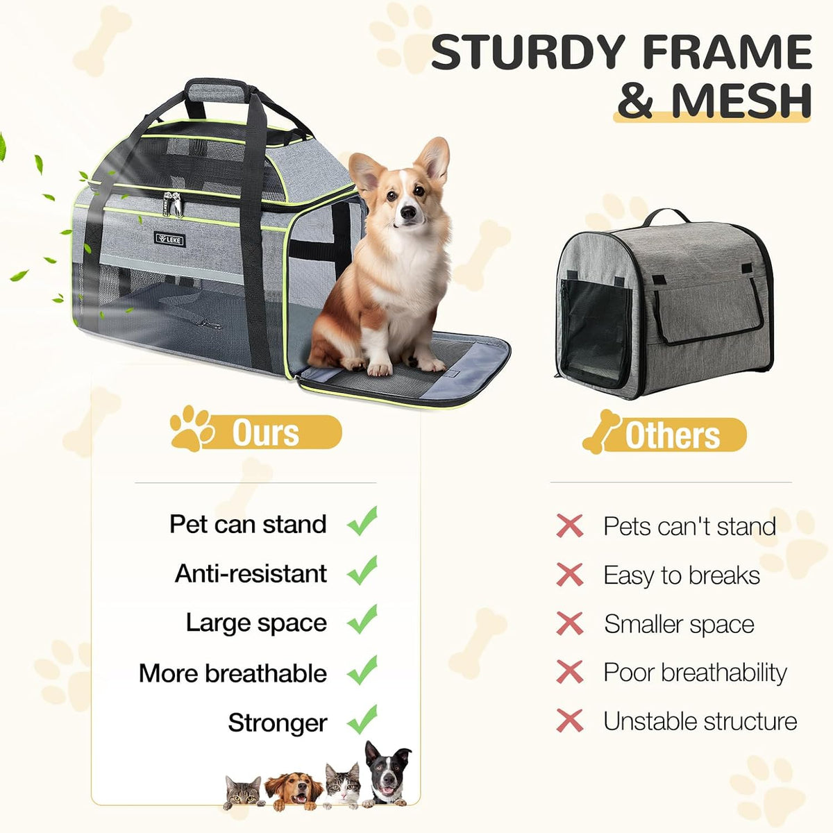Lekereise Top-Expandable Pet Carrier 18x13x9.5 Inch Southwest Frontier Airline Approved Soft Sided Underseat to 15lbs Travel Carriers for Small Cats Dogs with Locking Safety Zippers Anti-Scratch Mesh