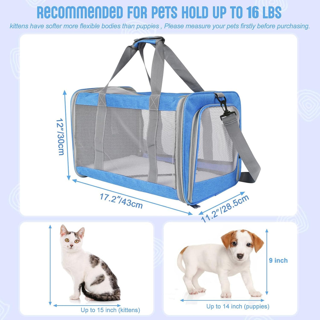 Pet Carrier for Large Cats of 20 Lbs, Collapsible Carrier Bag for Big Cat or 2 Kittens,Soft Sided Puppy Carrier with Sturdy Travel Transport Strap, Adequate Ventilation, 4 Mesh Windows (Blue)