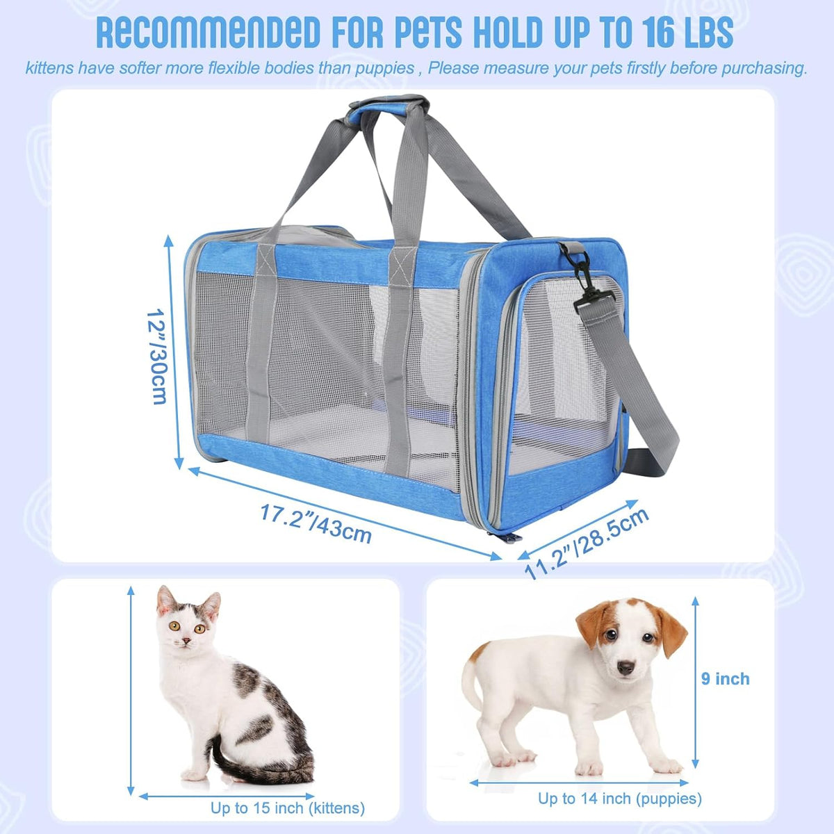 Pet Carrier for Large Cats of 20 Lbs, Collapsible Carrier Bag for Big Cat or 2 Kittens,Soft Sided Puppy Carrier with Sturdy Travel Transport Strap, Adequate Ventilation, 4 Mesh Windows (Blue)