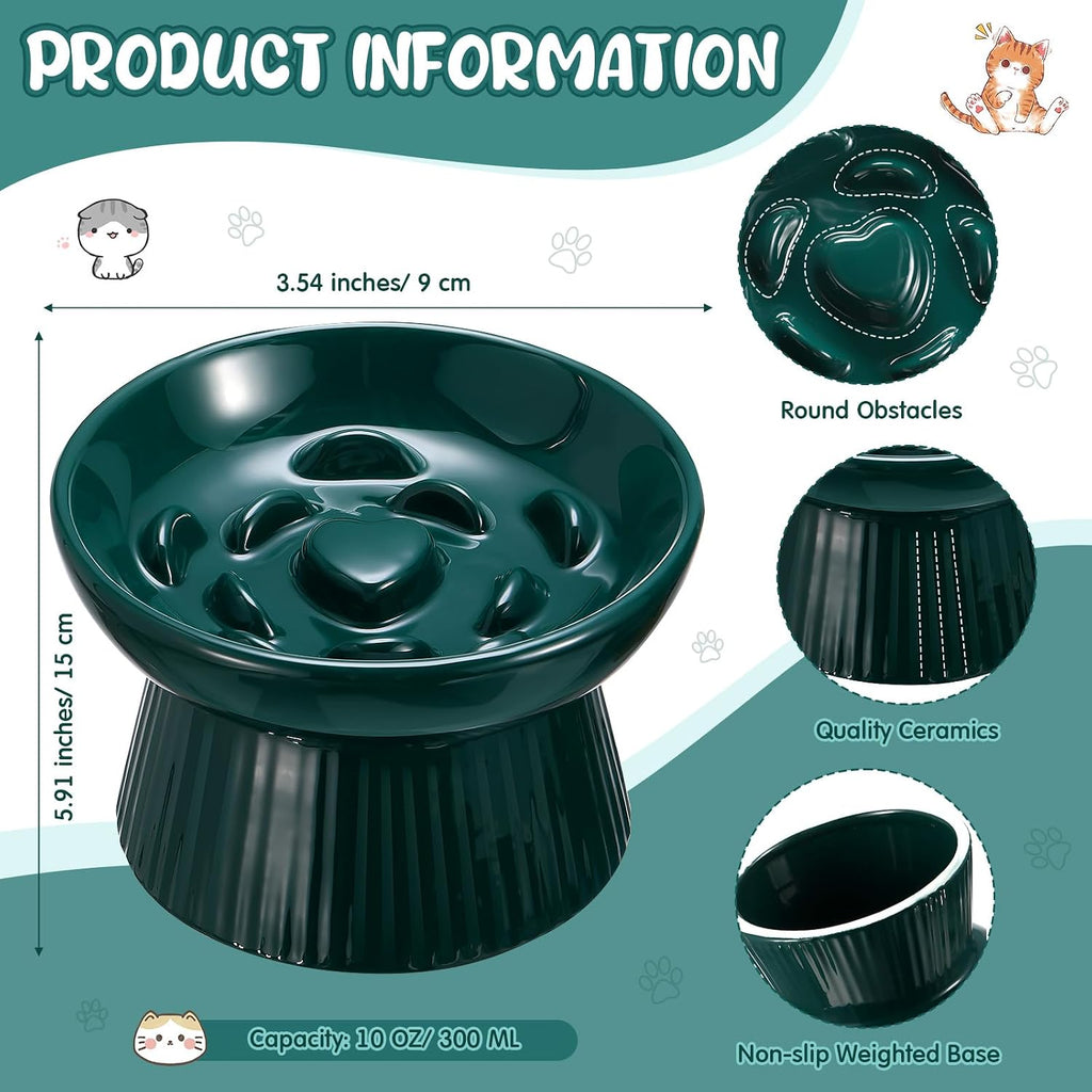 Tioncy 2 Pcs Ceramic Elevated Slow Feeder Cat Bowl, Dark Green
