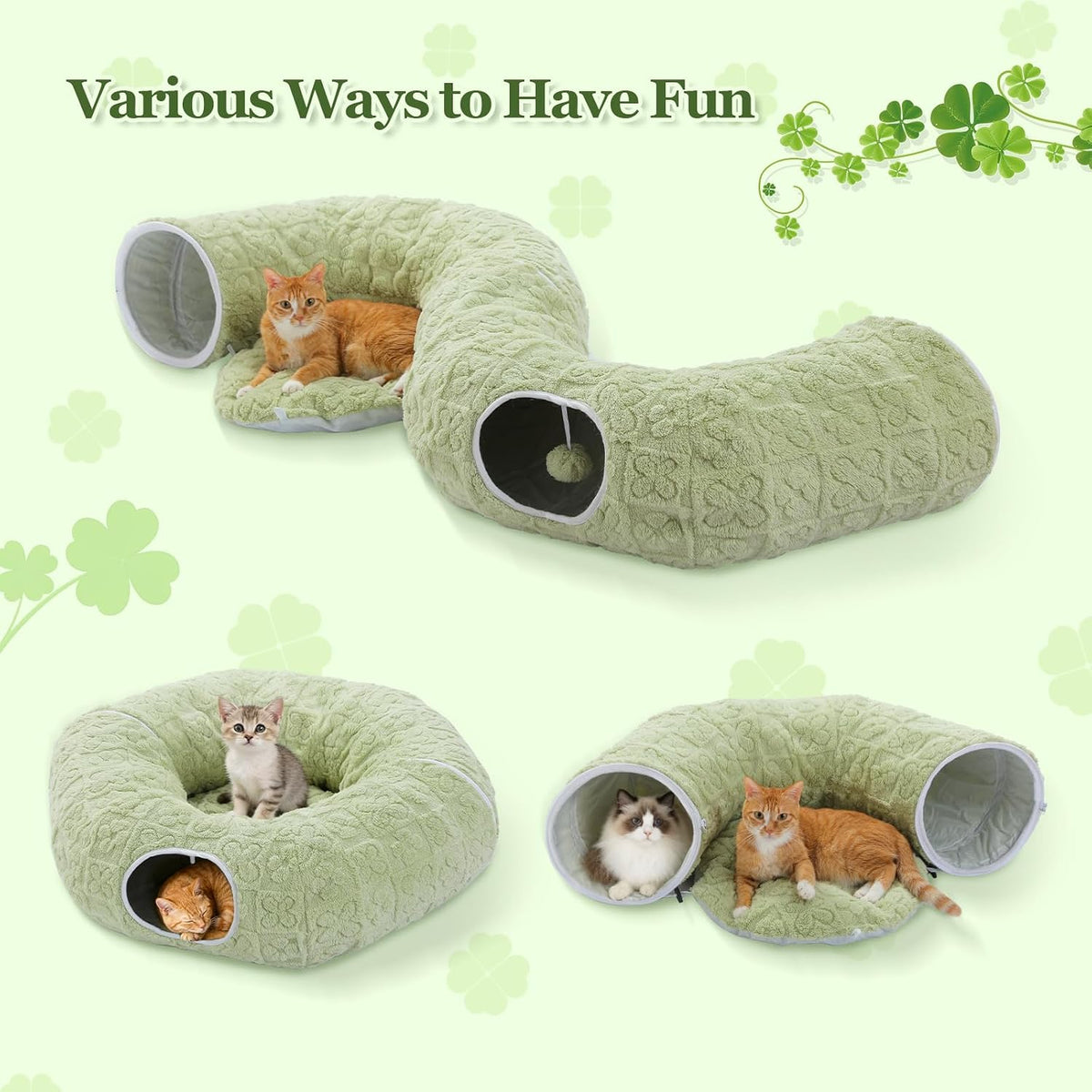 PEQULTI Green Donut Cat Tunnel Bed Washable Plush Mat for Multi Small Pets