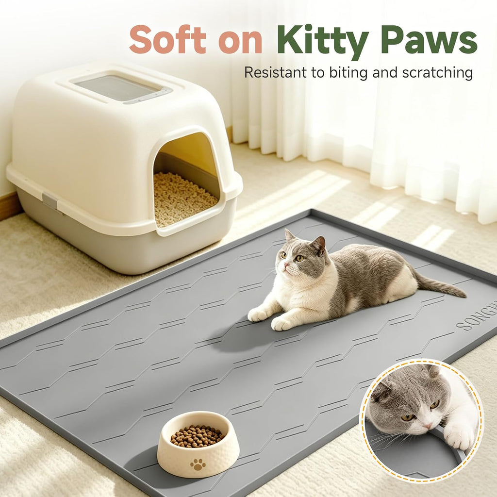 Songrey Silicone Cat Litter Mat 34" x 22", Large Litter Trapping Mat, Gray | Waterproof, Urine-Proof Litter Box Mat for Floor, Soft on Kitty Paws, Easy To Clean, Cat Supplies, Pet Feeding Mat