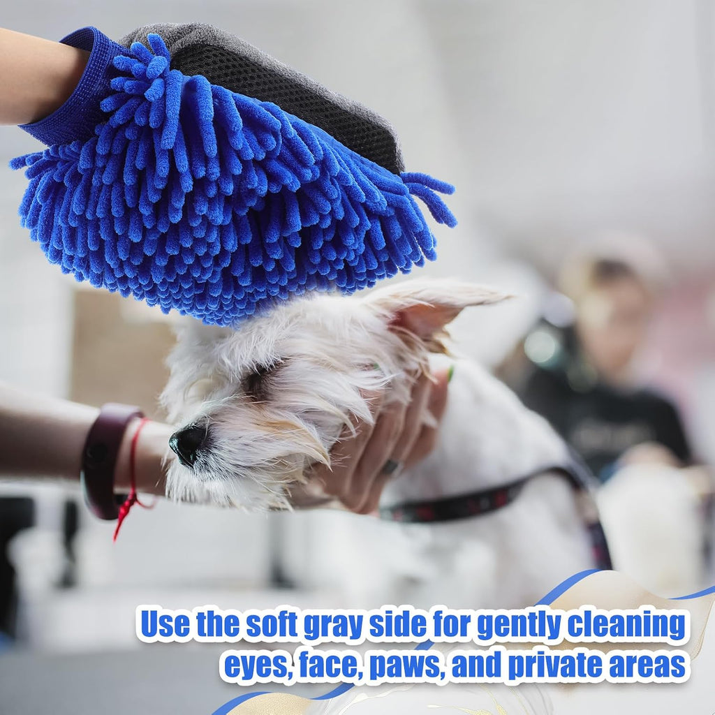 Teenyyou 2 Pcs Dog Towel Chenille Microfiber Pet Grooming Gloves,Blue