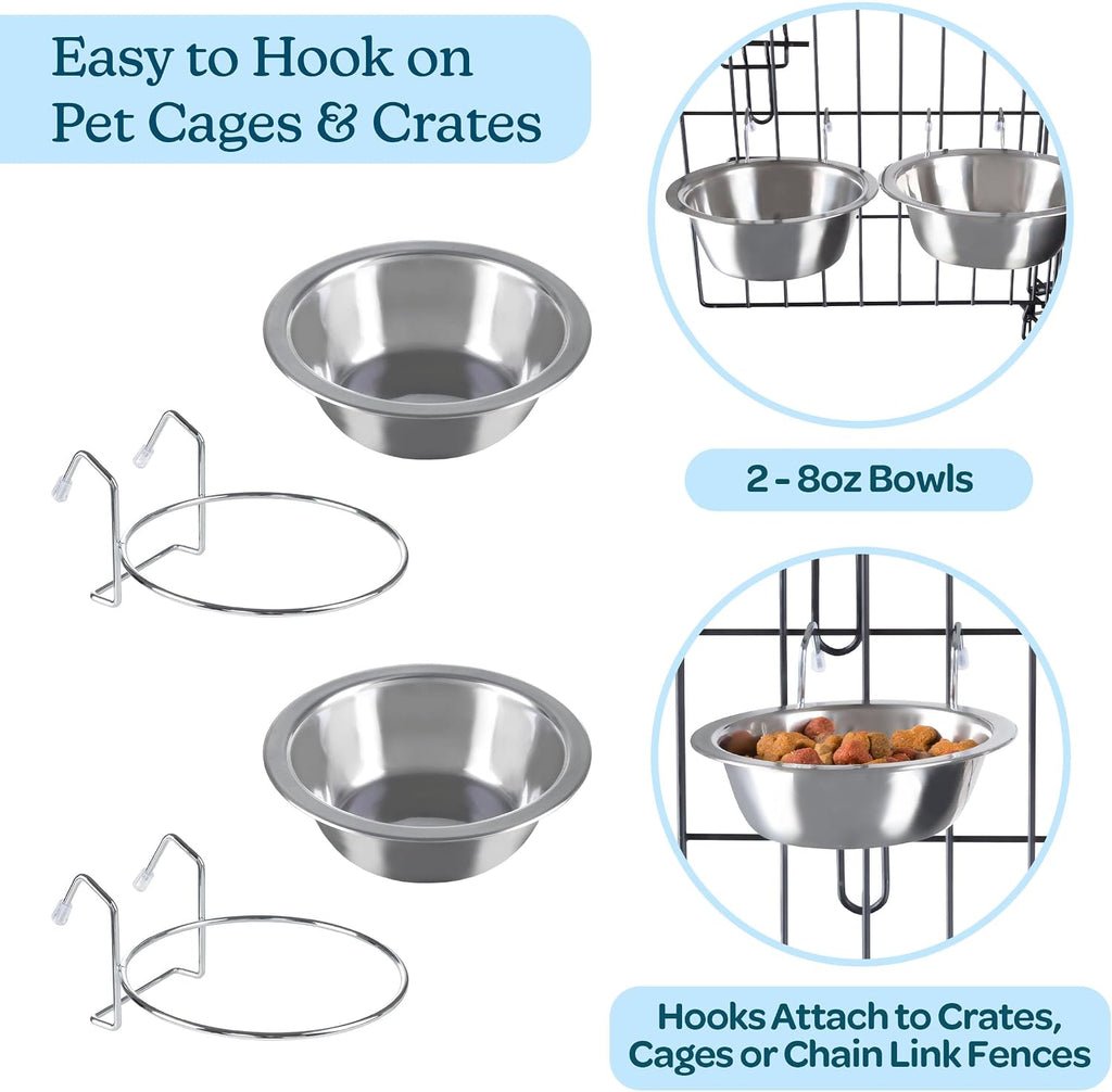 Set of 2 Stainless-Steel Dog Bowls - Cage, Kennel, and Crate Hanging Pet Bowls for Food and Water - 8oz Each and Dishwasher Safe by PETMAKER, Silver | Cage, Kennel, and Crate Hanging Pet Bowls for Food and Water, Dishwasher Safe Food and Water Pet Dishes 