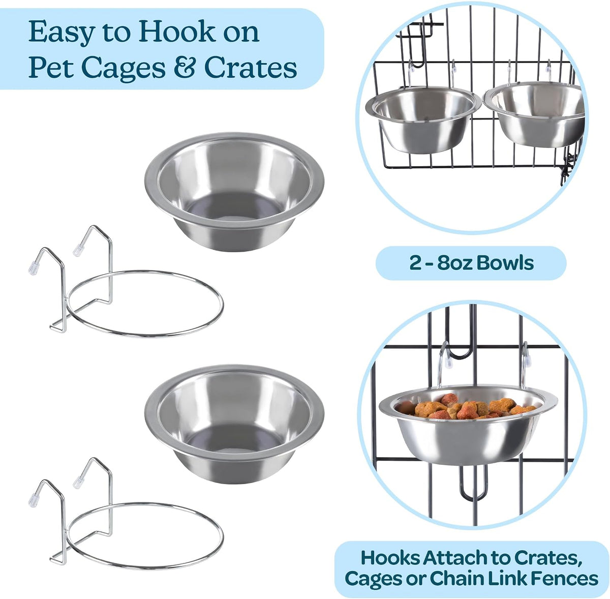 Set of 2 Stainless-Steel Dog Bowls - Cage, Kennel, and Crate Hanging Pet Bowls for Food and Water - 8oz Each and Dishwasher Safe by PETMAKER, Silver | Cage, Kennel, and Crate Hanging Pet Bowls for Food and Water, Dishwasher Safe Food and Water Pet Dishes 