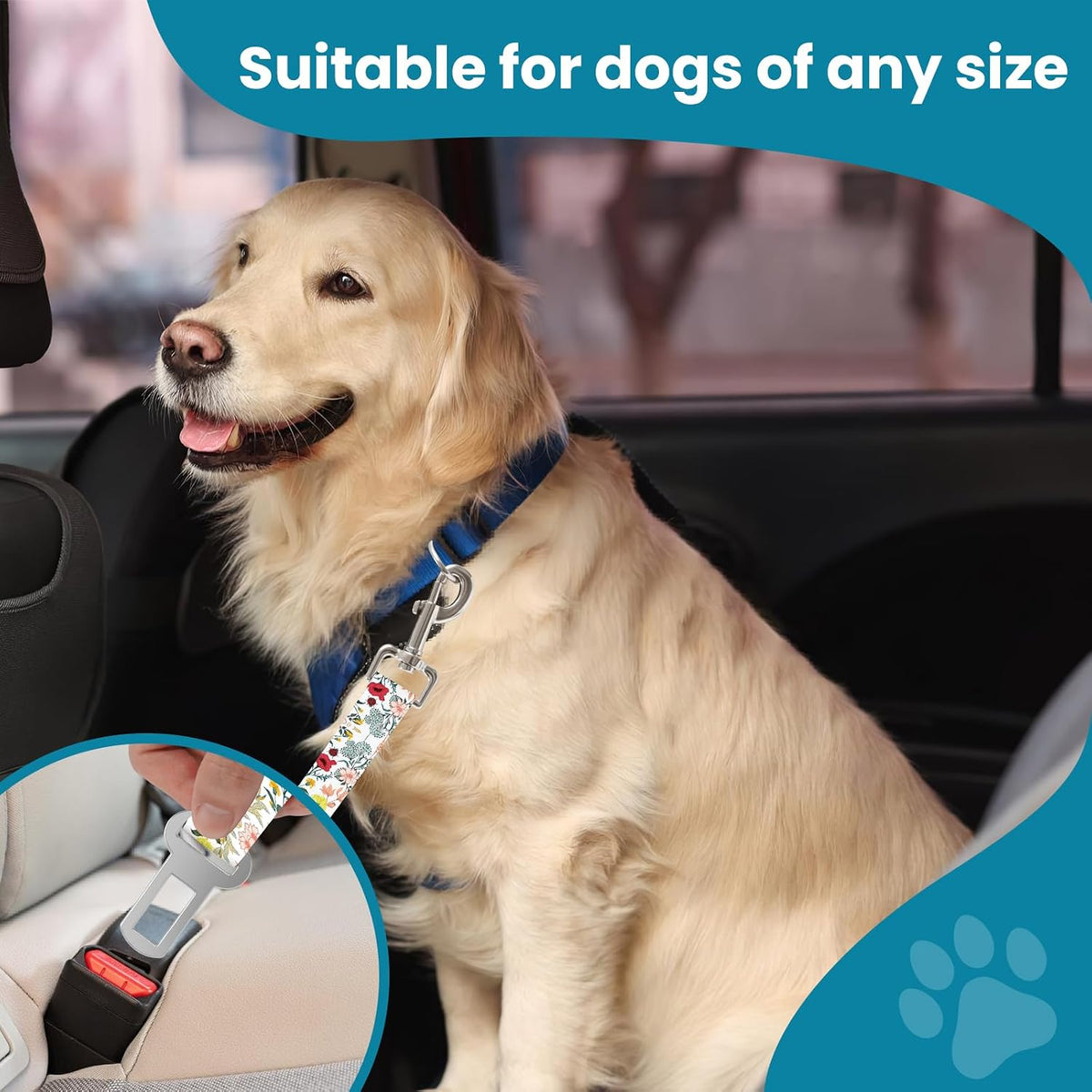 Adjustable pet cat and Dog car seat Belt， The Lanyard is Flexible and Adjustable from 20 to 33 inches (White Flower)