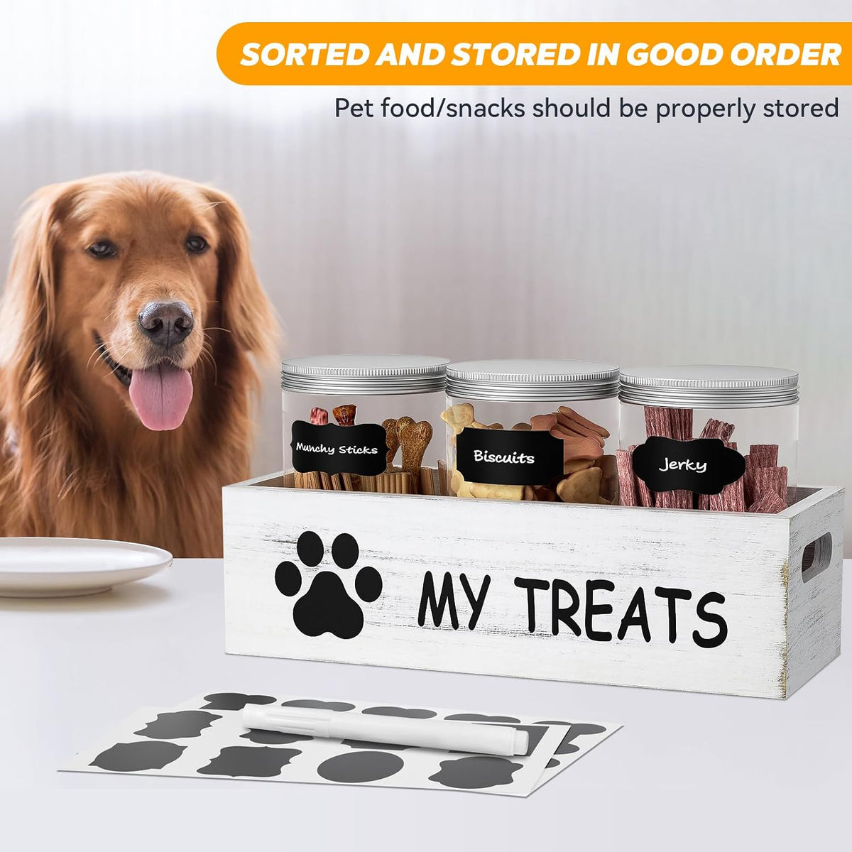 qeerable Dog Treat Container for Countertop - Dog Food Storage with 3 Jars - Pet Food Organizer For Puppy - Airtight White Wooden Dog Treat Storage With Lids - Great Gift for Pet Dog Owners