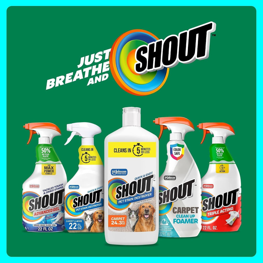 Shout Pet Stain Remover, Color-Safe Rug, Upholstery & Carpet Cleaner Solution for Dog & Cat Urine, Feces, Vomit & Mud, Fights Odors & Remarking, Fast-Acting Cleans in 5 Minutes or Less, 24.3oz
