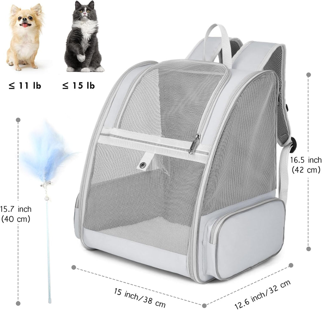 Cat Backpack Carrier, Small Dog Carrier Backpack with Fully Ventilated Mesh, Kitten Wand Feather Toy & Safety Leash, Collapsible Travel Hiking Pet Carrier for Small Dogs Cat Puppy Kitten Bunny (Grey)
