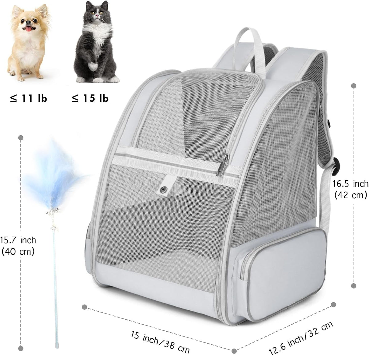 Cat Backpack Carrier, Small Dog Carrier Backpack with Fully Ventilated Mesh, Kitten Wand Feather Toy & Safety Leash, Collapsible Travel Hiking Pet Carrier for Small Dogs Cat Puppy Kitten Bunny (Grey)