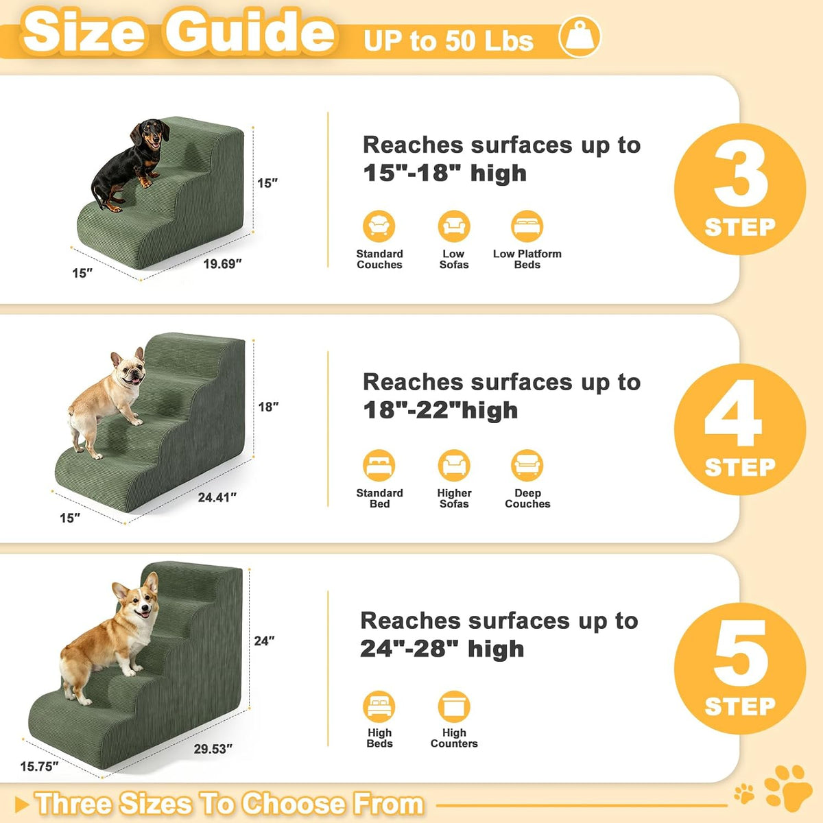 Dog Stairs for Small Dogs 18" H, 4-Step Dog Ramp for Aged and Injured Dogs, Foam Pet Stairs for Cats to Get on Bed, Couch or Chair, Non-Slip, Steady, Washable Cover, Green