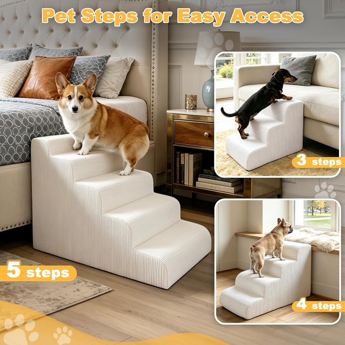 Dog Stairs for HIGT Bed - 24" H 5-Step Dog Ramp Up to 50 Lbs, Beige