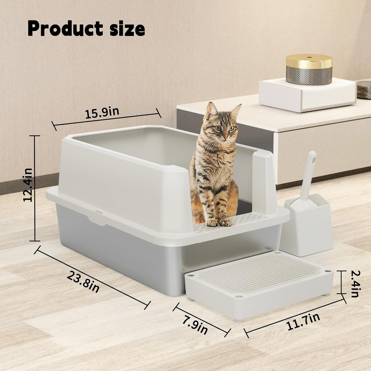 RIZZARI Stainless Litter Box Semi-Closed: Odorless, Large, Easy Clean | High Splash Guard / Non-Stick Steel Pan / 20L Capacity / Raised Step / Fits Any Room / Multi-Cat Use
