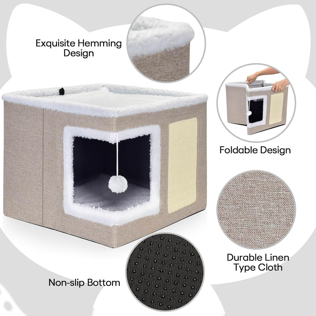 petizer Cat Bed for Indoor Cats, Large Covered Cat House with Scratch Pad, Foldable Cat Cave Bed & Hideaway Cube with Reversible Cushions, Cute Cat Condo for Multi Small Pet Kitten (Khaki)