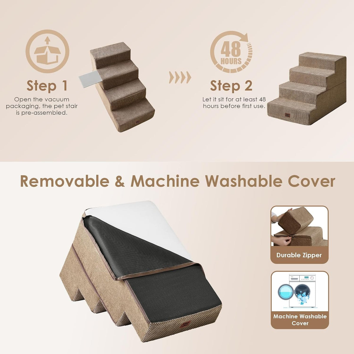 EHEYCIGA Dog Stairs for Bed 20" H, 4-Step Extra Wide Dog Steps, Camel