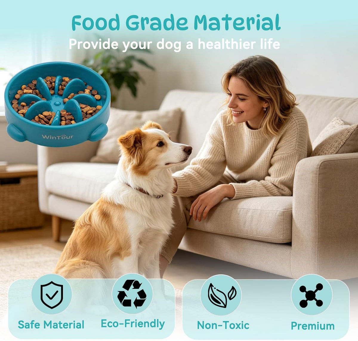 WinTour Slow Feeder Dog Bowls for Small Medium Pets, Round PP Dish, 1 Pack